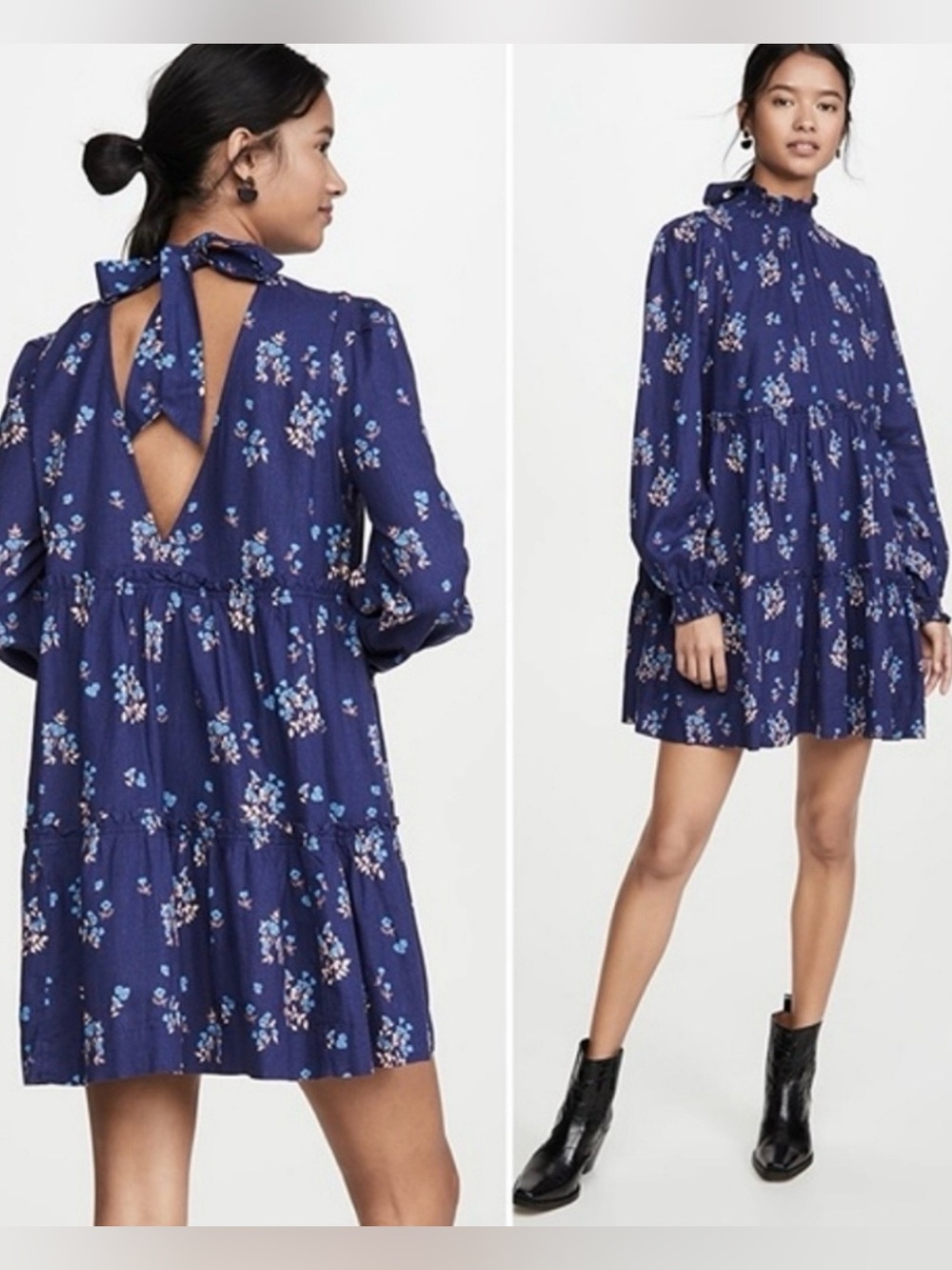 FREE PEOPLE | Navy Floral Print Petit Fours Mini Dress in Indigo Sz. Large